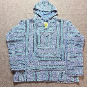 Iguana Jack Baja Hoodie Rug Pullover Striped Festival Hippie Medium Green / Blue
